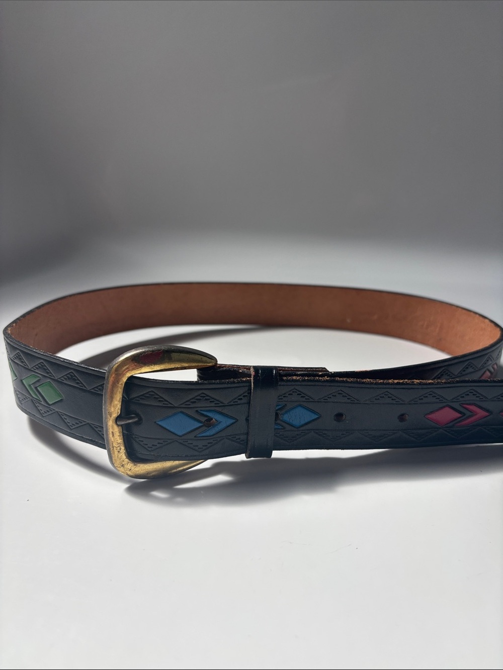 Black Leather Belt with Colorful Diamond Accents and Brass Buckle